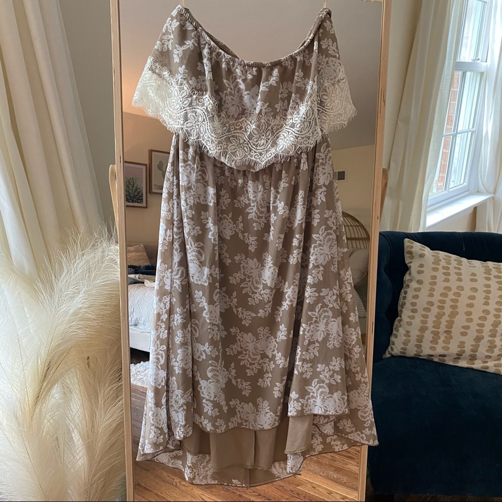 Taupe and White Strapless dress